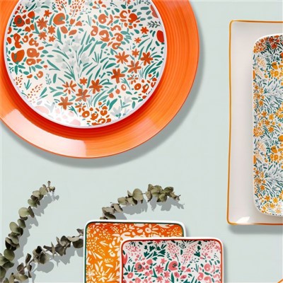 カラフルな世界に咲く花の陶器食器